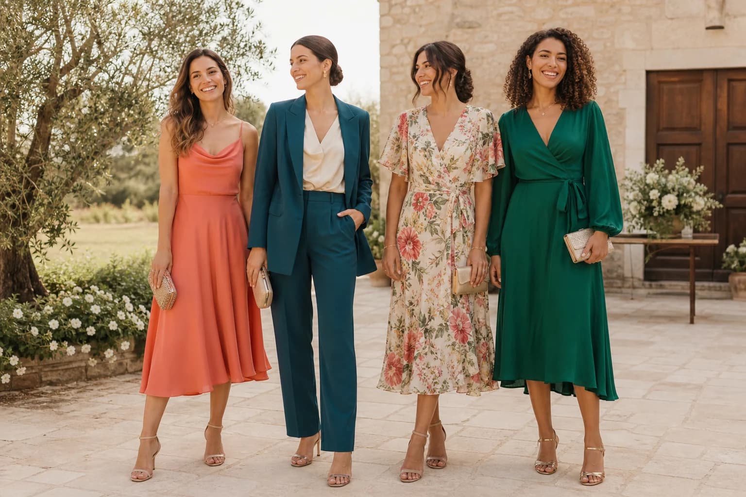 Quatro inspirações femininas de traje esporte fino para casamento durante o dia