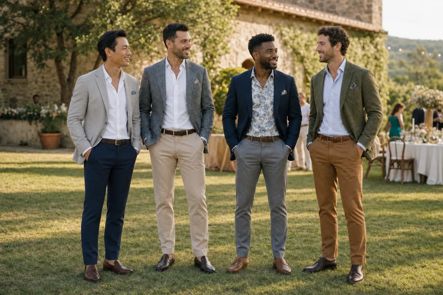 Quatro inspirações masculinas de traje esporte fino sem gravata para casamento durante o dia